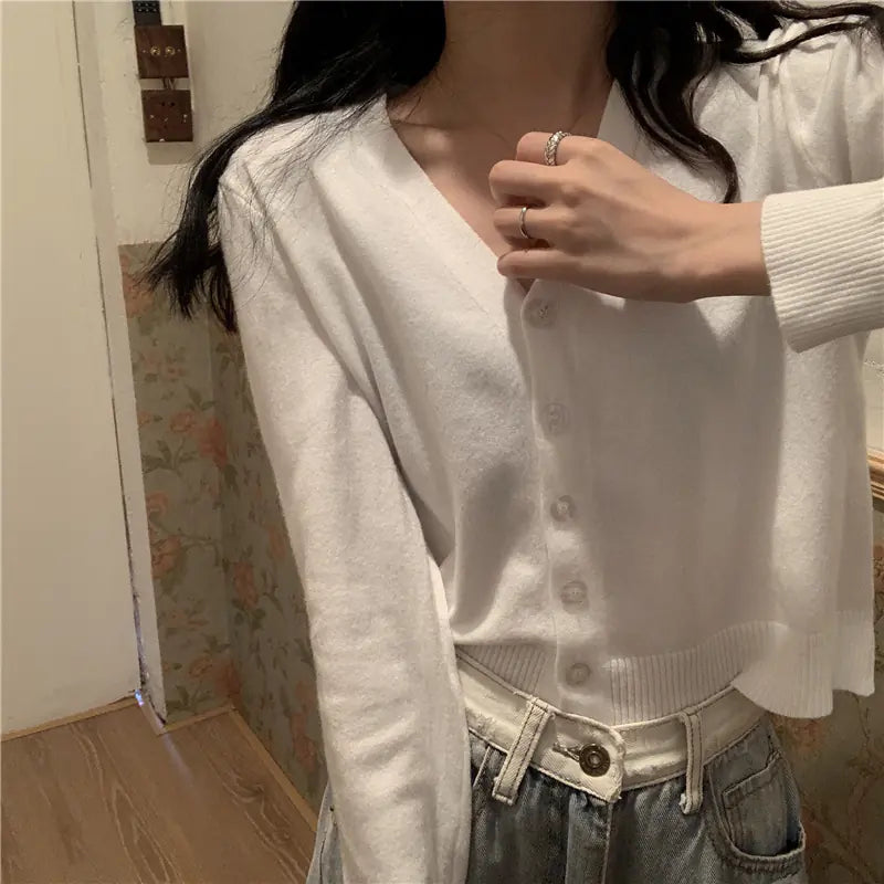V-Neck Ice Silk Lightweight Long Sleeve Cardigan Top