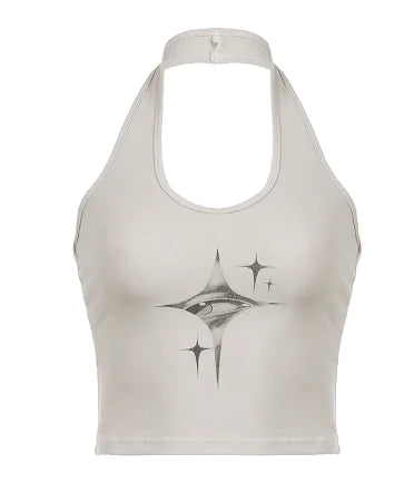 Backless Graphic Tank Top with Halter Neck Design