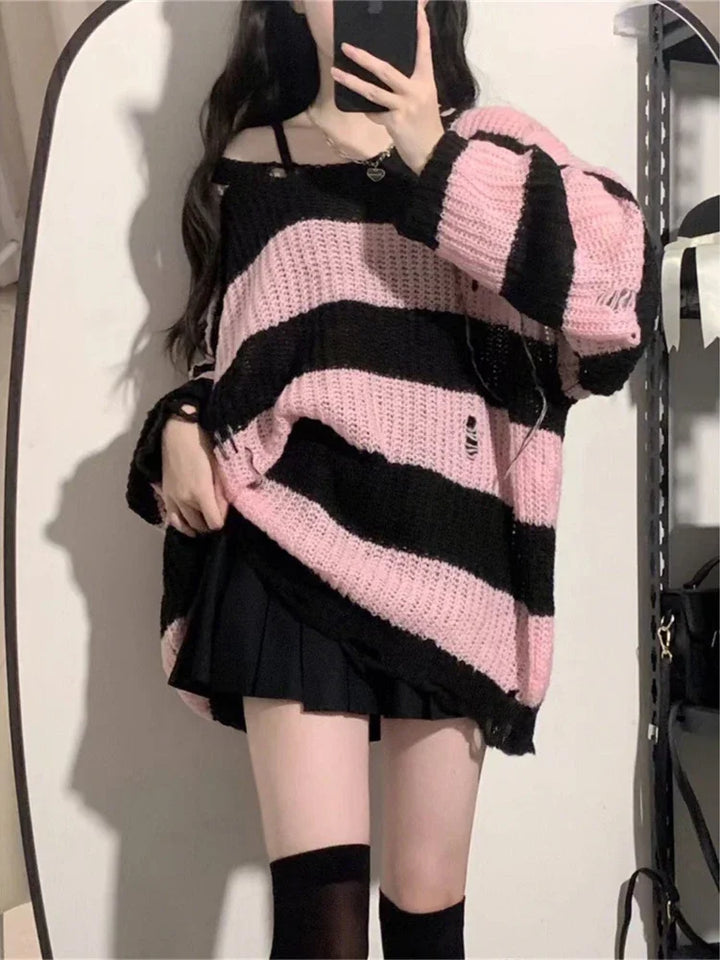 Deeptown Y2K Pink Striped Vintage Knitted Sweater