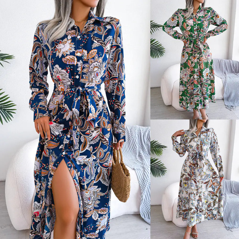 Retro Flower Print Long Sleeve Dress for Women 2023