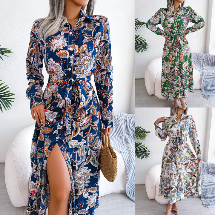 Retro Flower Print Long Sleeve Dress for Women 2023